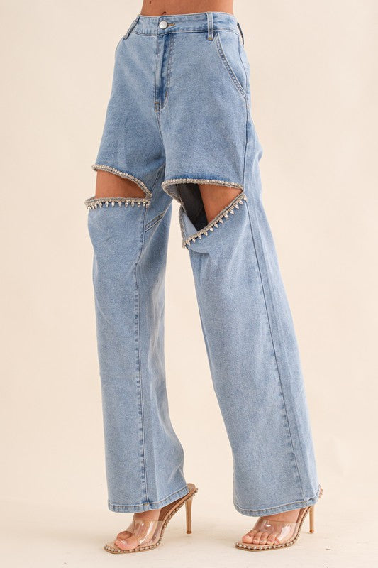 Washed Denim Cut Front Rhinestone Jeans