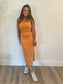 orange strapless midi dress