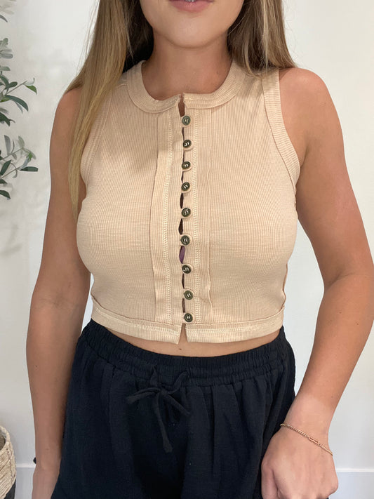 Taupe Button Down Crop Tank