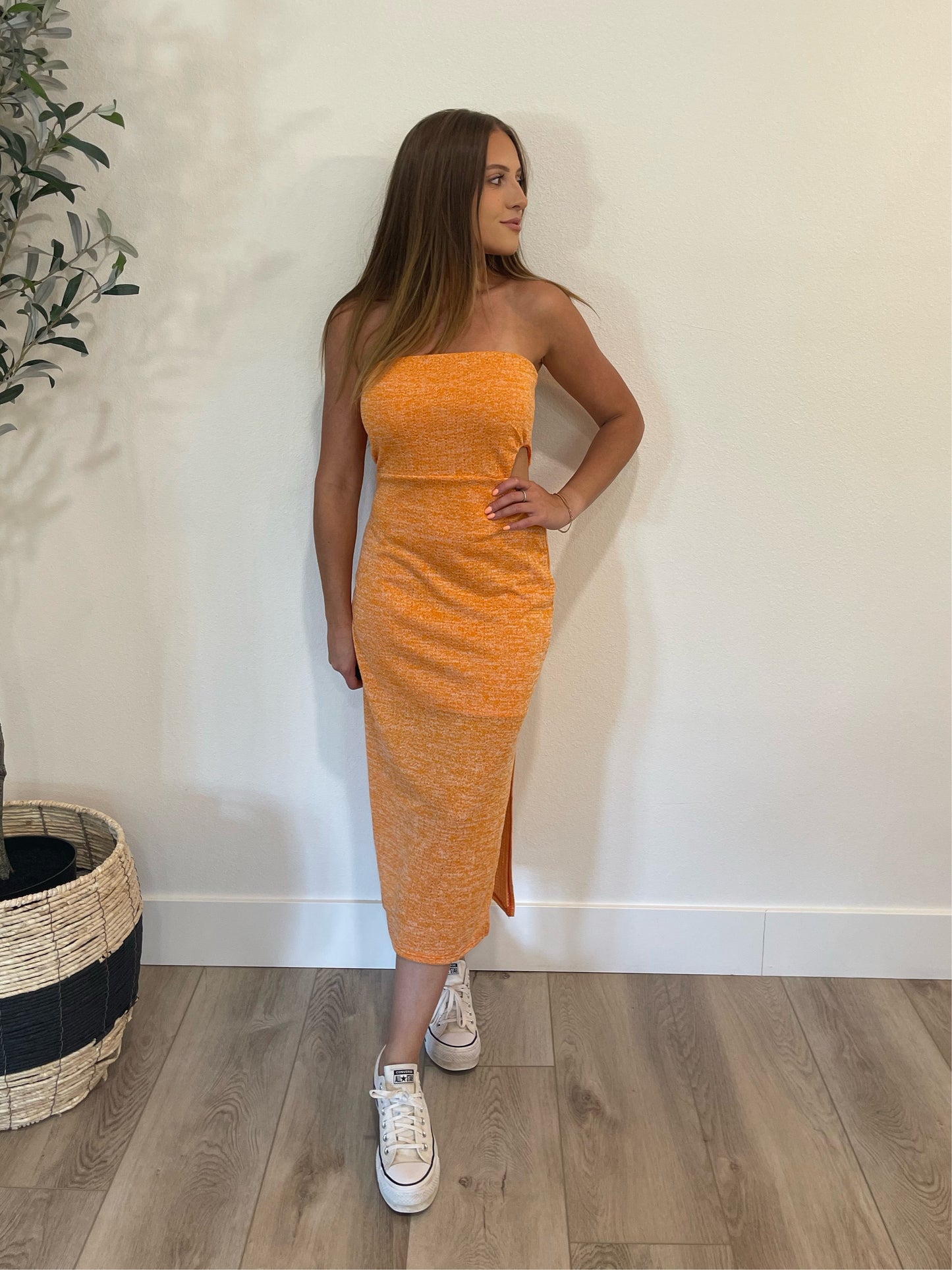 orange strapless midi dress